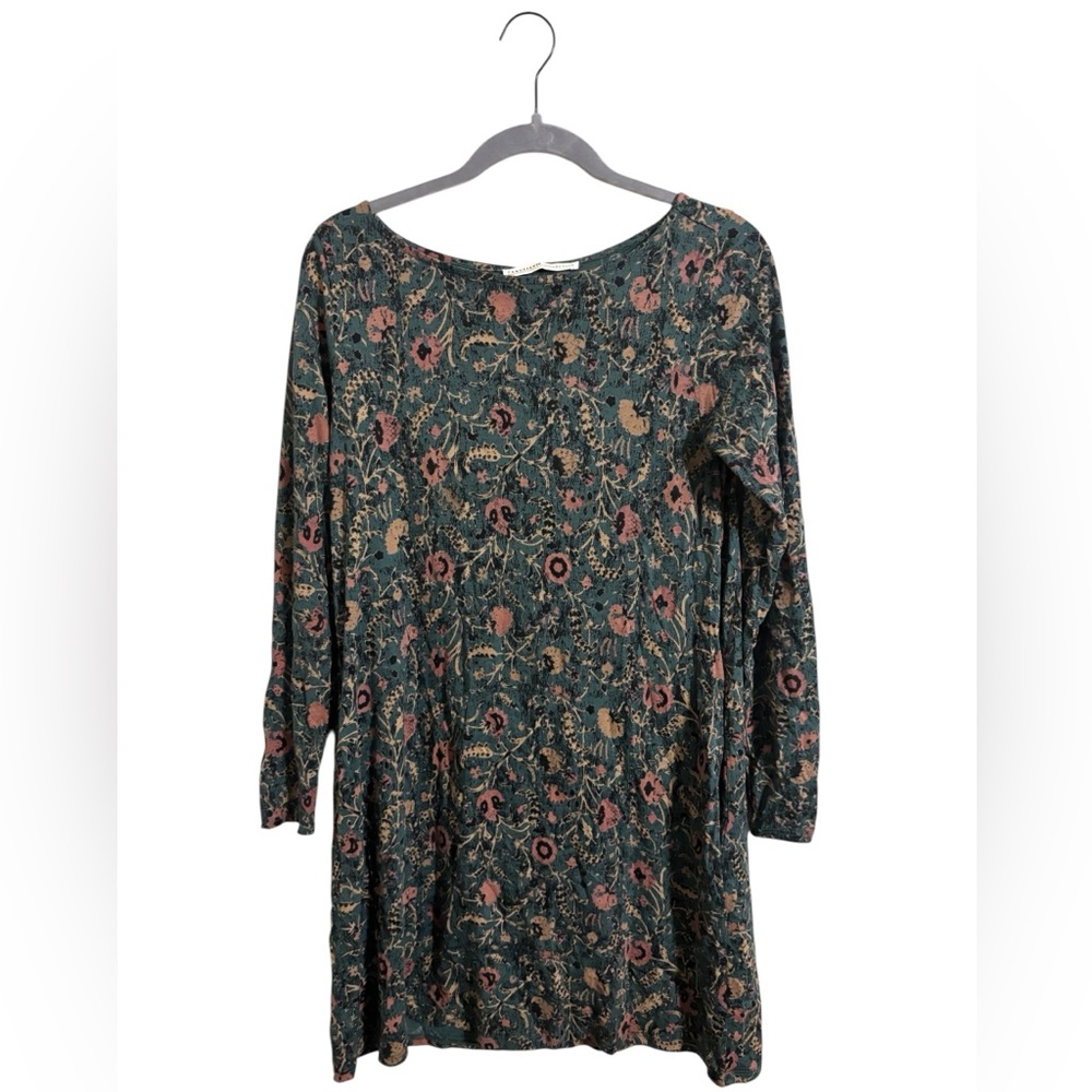 Peruvian Connection Orla Green Floral Pima Cotton Blend Long Sleeve‎ Dress Small